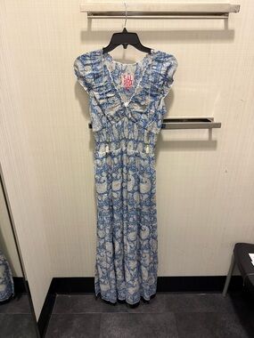Sal Rosa Blue and White Ruffled Maxi Dress
